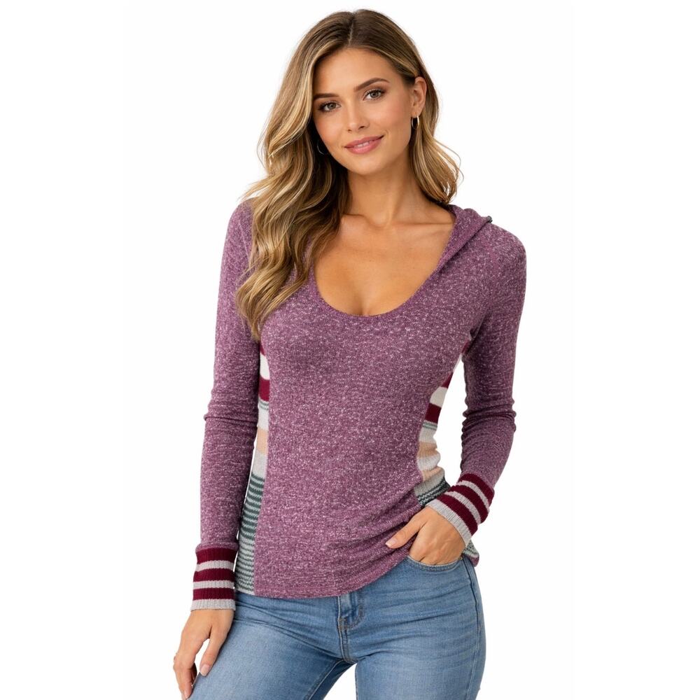 Free People Hooded Top Striped Sleeve Pullover Knit Sweater Purple XS Wool Blend